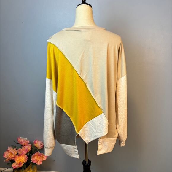 Bibi Asymmetrical Color Block Long Sleeve Shirt Neutrals Oversize Small - Picture 2 of 7
